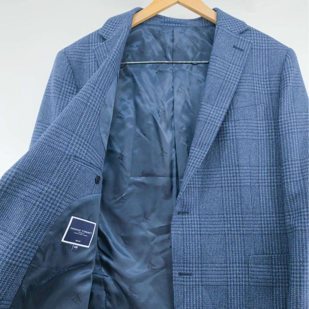 Charles Tyrwhitt Mens Sport Coat Wool Silk Glen Check Blue 44R Slim Fit Blazer
